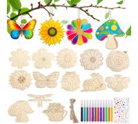 Muyohix 34 Pezzi Ornamenti di Primavera in Legno da Dipingere,12 Stili Artigianato in Legno per Bambini con Fiori, Insetti, Funghi, Lumaca ecc, Decorazioni in Legname Fai Da Te