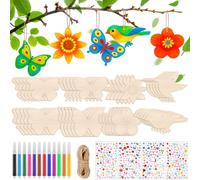 Muyohix 40 Pezzi Artigianato in Legno per Bambini Fai da Te con Farfalle, Fiori e Uccelli, Ornamenti Primaverili in Legno da Dipingere con Penna ad Acquerello, Adesivi e Adesivi Diamantati