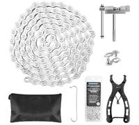 Muyohix Catena per bicicletta 9/18/27 marce, 1/2 x 11/128 pollici, 116 maglie in acciaio inossidabile, set con forcello, pinze e chiusure a catena (argento)