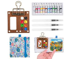 Muyohix Mini Set da Viaggio per Acquerelli, Set Tascabile per Acquerelli, Viaggio Portatile per Tavolozza, Mini tavolozza di Legno, Pennelli per Acquerellis e Album da Disegno per Acquerellii