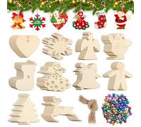 Muyohix Set di 248 Decorazioni Natalizie in Legno da Dipingere, Ciondoli di Natale Fai-da-te con Campanelle e Spago, Addobbi in Legno da Appendere per Albero di Natale e Decorazioni Natalizie