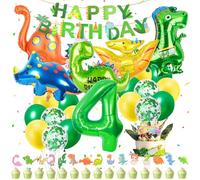 Muyohix Set di Decorazioni di Compleanno per Dinosauri di 4 Anni, Decorazione per Festa di Compleanno della Giungla di 4 Anni con Striscione, Palloncini, Decorazione per Torta