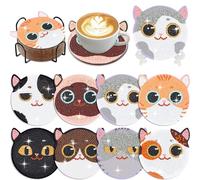Muzagroo Art Diamond Painting - Kit di sottobicchieri per pittura a mosaico con supporto, motivo gatti sorridenti, per principianti, per ridurre lo stress, 8 sottobicchieri artistici (gatto)