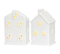 Muzrunq 2 Pezzi di Casette Natalizie in Ceramica Bianca Illuminate a LED, Decorazioni Natalizie per Interni, da Tavolo e da Camino