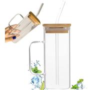 Muzrunq Bicchiere con coperchio e cannuccia, bicchiere souvenir quadrato con cannuccia, 400 ml, bicchieri trasparenti con manico, bicchieri in vetro resistenti al calore per casa e ufficio, bianco