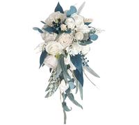 Muzrunq Bouquet per bouquet per nozze bouquet a cascata bouquet rosa artificiale per la sposa che tiene decorazioni per centrotavola di nozze bianca e blu 10,2x19,7 pollici