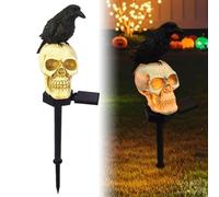 Muzrunq Luci solari di Halloween Corvo Nero su Teschio Luce Solare da Giardino Impermeabile Decorazione da Giardino di Halloween con paletto per Prato, Patio, Cortile
