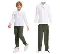 MVFEUIJ Costume Medievale per Bambini, Camicia con Lacci, Pantaloni con Elastico in Vita, Maschera, Mago (Bianco + Verde, 150 (11-12)}