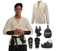 MVFEUIJ Set di costumi da uomo medievali, costume da rinascimento da uomo, con cintura, accessori per la protezione del polso, 5 set per cosplay, maghi, Halloween (nero, 2XL)