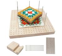 MVIWEO Blocco di blocco per Granny Square con 20 perni in acciaio inox e 5 aghi con grande orecchio, accessori quadrati, piastra forata in legno (23,5 x 23,5 cm)