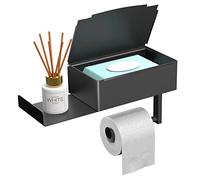 MVKV Porta carta igienica con scatola per salviettine umidificate, nero opaco, con ripiano senza foratura, in acciaio inox, porta rotolo di carta igienica con contenitore e vassoio aggiuntivo per
