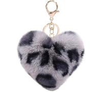 MVKZFE Portachiavi con pompon in finta pelliccia a forma di cuore, accessorio per borsa, soffice, portachiavi, zaino, ciondoli per donne e ragazze, Grigio leopardato.