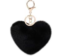 MVKZFE Portachiavi con pompon in finta pelliccia a forma di cuore, accessorio per borsa, soffice, portachiavi, zaino, ciondoli per donne e ragazze, nero