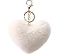 MVKZFE Portachiavi con pompon in finta pelliccia a forma di cuore, accessorio per borsa, soffice, portachiavi, zaino, ciondoli per donne e ragazze, bianco