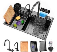 MWIDCIEW Lavello Cucina a Cascata Grigio Scuro Acciaio Inox Lavandino con Rubinetto, con Doccetta Estraibile Grande 1 vasca con LED Temperature Display (80 x 45 cm)