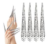Mwoot 10 Pack Finger Nail Tip Claw Rings, Ancient Queen Costume Fingernail Claw Nail Rings Set, Knuckle Protectors Fingertip Claw for Halloween Cosplay Drama Belly Dance Show - Silver