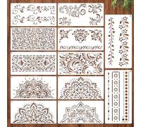 MWOOT 12 Pezzi Stencil Bordi e Angoli Floreali, Large Mandala Stencil Grandi, Modelli Riutilizzabili in Plastica per Pittura, Decorazioni Murali, Mobili e Legno, 30x15 CM