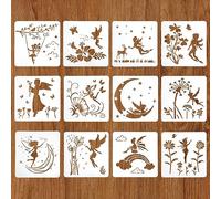 MWOOT 12 Pezzi Stencil per Pittura Fata, Angelo Luna Fiore Animali Stencil Muro Riutilizzabile, Kit Stencil Plastica Disegno per DIY Pavimento Parete Tela Mobili Piastrelle Decorazioni (20x20cm)