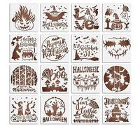MWOOT 16 Pezzi Stencil per Halloween per Dipingere su Legno, Halloween Stencils Fai-da-te Riutilizzabile Design Gnomo Zucca, Stencil Disegno Modello Pittura, Decorazione Scrapbook Arte Murale(20x20CM)