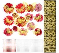 MWOOT 34 Pezzi Teste di Fiori Artificiali 3D Farfalle Oro Adesivi Lettere Numeri Glitter, Rosso Fiori Finti Piccoli per Decorazioni Fai da te Corona Torta Cappello di Laurea Bouquet Matrimonio Festa