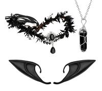 MWOOT Copricapo Elfo Orecchie Elfo Collana con Ciondolo di Cristallo Nero, Corona e Orecchie da Fata del Bosco, Accessori per Costume da Fata della Foresta per Halloween Carnevale Cosplay Mascherata