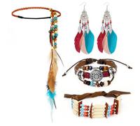 MWOOT Fascia per Capelli con Piume Indiano, Copricapo di Piume con Nappa di Perline, Braccialetto in Pelle, Collana Girocollo Tribale, Orecchini con Piume Bohemien, Gioielli per Carnevale Mascherata