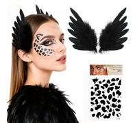 MWOOT Fermaglio per Capelli con Piume Nera , Copricapo in Piuma per Donne, Accessori per Capelli in Piume d'ali d'angelo con Tatuaggio Leopardata per Halloween, Costumi da Carnevale, Festa di Cosplay