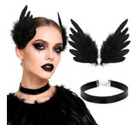 MWOOT Fermaglio per Capelli con Piume Nera , Copricapo in Piuma per Donne, Accessori per Capelli in Piume d'ali d'angelo con Collarino Choker per Halloween, Costumi da Carnevale, Festa di Cosplay
