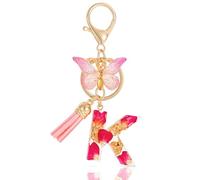 MWOOT Letter Keychain Initial Portachiavi Resina Lettera K,Alfabeto Keyring con Ciondolo a Forma di Nappe Farfalla,Portachiavi Charm con Petali Rosa Signora Borsetta Portafoglio Decorazione(K)