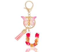 MWOOT Letter Keychain Initial Portachiavi Resina Lettera U,Alfabeto Keyring con Ciondolo a Forma di Nappe Farfalla,Portachiavi Charm con Petali Rosa Signora Borsetta Portafoglio Decorazione (U)