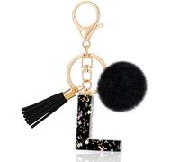 MWOOT Letter Keychain Iniziale Portachiavi Lettera L Resina, Alfabeto Keyring con Ciondolo a Forma Peluche Nappina, Portachiavi Charm con Nero Signora Borsetta Portafoglio Decoro (L)