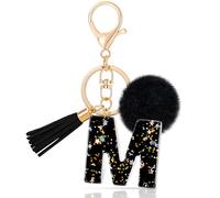 MWOOT Letter Keychain Iniziale Portachiavi Lettera M Resina, Alfabeto Keyring con Ciondolo a Forma Peluche Nappina, Portachiavi Charm con Nero Signora Borsetta Portafoglio Decoro (M)