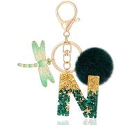 MWOOT Letter Keychain Iniziale Portachiavi Lettera N Resina, Alfabeto Keyring con Ciondolo a Forma Peluche Libellula, Portachiavi Charm con Verde Signora Borsetta Portafoglio Decoro (N)