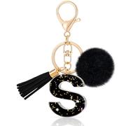 MWOOT Letter Keychain Iniziale Portachiavi Lettera S Resina, Alfabeto Keyring con Ciondolo a Forma Peluche Nappina, Portachiavi Charm con Nero Signora Borsetta Portafoglio Decoro (S)