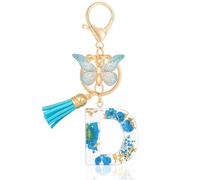 MWOOT Letter Keychains Initial Portachiavi Resina Lettera D,Alfabeto Keyring con Ciondolo a Forma di Nappe Farfalla,Portachiavi Charm con Petali Blu Signora Borsetta Portafoglio Decorazione (D)
