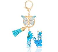 MWOOT Letter Keychains Initial Portachiavi Resina Lettera N,Alfabeto Keyring con Ciondolo a Forma di Nappe Farfalla,Portachiavi Charm con Petali Blu Signora Borsetta Portafoglio Decorazione (N)