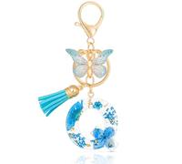 MWOOT Letter Keychains Initial Portachiavi Resina Lettera Q,Alfabeto Keyring con Ciondolo a Forma di Nappe Farfalla,Portachiavi Charm con Petali Blu Signora Borsetta Portafoglio Decorazione (Q)