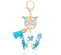 MWOOT Letter Keychains Initial Portachiavi Resina Lettera W,Alfabeto Keyring con Ciondolo a Forma di Nappe Farfalla,Portachiavi Charm con Petali Blu Signora Borsetta Portafoglio Decorazione (W)