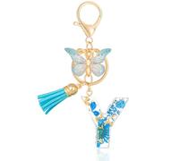 MWOOT Letter Keychains Initial Portachiavi Resina Lettera Y,Alfabeto Keyring con Ciondolo a Forma di Nappe Farfalla,Portachiavi Charm con Petali Blu Signora Borsetta Portafoglio Decorazione (Y)