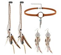 MWOOT Mollette per Capelli Piuma, Estensioni dei Capelli Piuma Indiano, Collana Girocollo in Pelle, Orecchini Acchiappasogni, Gioielli Rétro Bohémien Set per la Festa in Maschera delle Donne