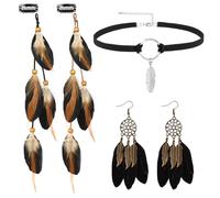 MWOOT Mollette per Capelli Piuma, Estensioni dei Capelli Piuma Indiano, Collana Girocollo in Pelle, Orecchini Acchiappasogni, Gioielli Rétro Bohémien Set per la Festa in Maschera Carnevale Donne