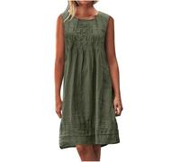 MXALUOB Abito midi da donna in cotone e lino taglie forti con maniche ad aletta pieghettate abiti estivi per vacanze 2025 abito casual girocollo, Vestito #07-verde militare, L