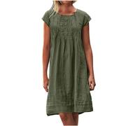 MXALUOB Abito midi da donna in cotone e lino taglie forti con maniche ad aletta pieghettate abiti estivi per vacanze 2025 abito casual girocollo, Vestito #05-verde militare, L
