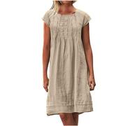 MXALUOB Abito midi da donna in cotone e lino taglie forti con maniche ad aletta pieghettate abiti estivi per vacanze 2025 abito casual girocollo, Vestito#02-kaki, S