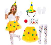 MXHBSTP Costume da clown da donna, 6 pezzi, set completo da 6 pezzi con cappello, fascia per capelli, adesivi per il viso, calze, guanti, vestito a pois e naso rosso, ideale per feste di Halloween