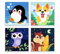 MXJSUA Animali Carini Pinguini Confezione Da 4 Dipinti Su Tela Con Cornice Per Bambini E Adulti, Kit Fai-Da-Te Di Pittura Acrilica Per Numeri Per Decorazioni Da Parete Per La Casa, 20x20cm