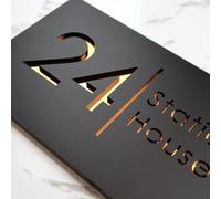 MXN Targhetta con numero civico moderno, in acrilico, 3D, tagliata al laser, per esterni, personalizzabile (nero e oro)