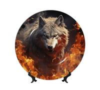 MXPELGHMAD Piatti decorativi in porcellana Bone China, piatti piani in ceramica da 20,3 cm, con espositore con lupo che brucia nel fuoco, ornamenti in ceramica, artigianato artistico, piatto rotondo