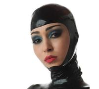 MXRYSQY Cappuccio in lattice Aprire Nero Maschera Facciale in Gomma Apri Occhi Bocca con Cerniera Abbigliamento Club Cosplay(Size:M-65CM)