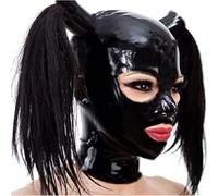 MXRYSQY Costume da Club per Feste Cosplay con Cerniera Cappuccio in Lattice Bocca Esposta Maschera Facciale in Lattice Nero(Size:M-65CM)